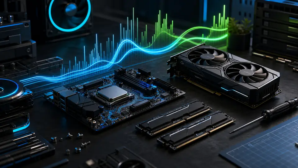 CPU, GPU, RAM, and motherboard components arranged on a PC hardware workbench with performance graph lighting.